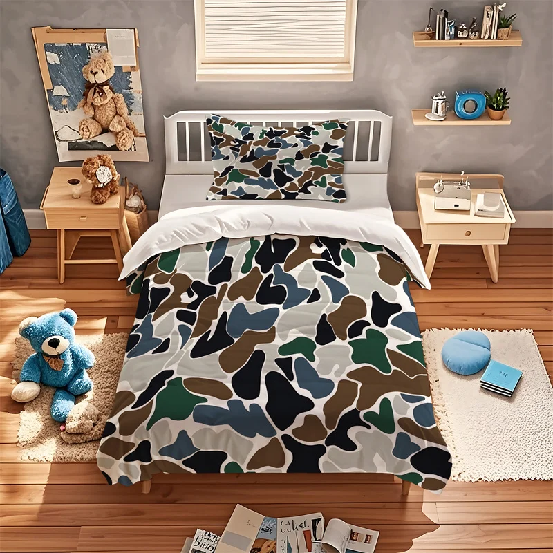2/3Pcs Duvet Cover Set (No Comforter & Pillow Inserts),Color Block Camo Print,Soft Machine Washable,American School Dorm Bedding