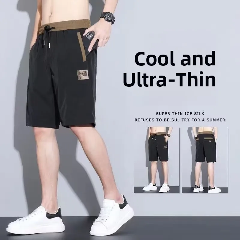 

Ice Silk Casual orts Trendy Embroidered Five-Quarter Thin Breathable Qui Dry Men's Summer Spor Straight Leg Pants