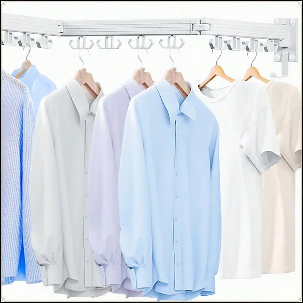 Mounted Clothes Drying Rack For Laundry Room Indoor White Aluminum Alloy 3Fold Foldable Design With 12 Dual Hooks For SpaceSavi