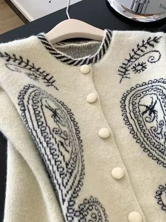 Maglione lavorato a maglia lungo Sve ricamato retrò Camere Jaet da donna con bottone singolo Taglio dritto Autunno Inverno Faion Ladies'...