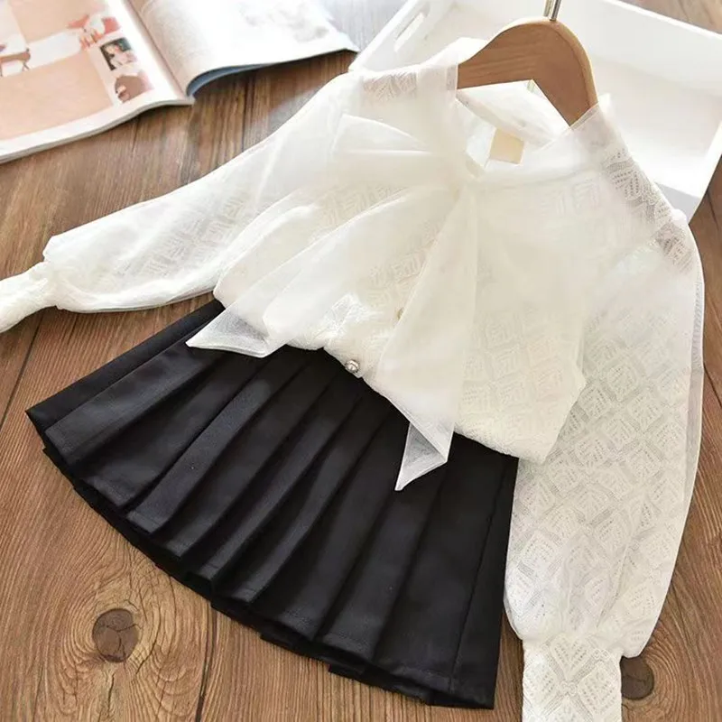 Teenage Girls Shirt New Korean Style Baby Girls Princess Blouses Lace Collar Tops Toddlers Kids Bow Princess Shirt