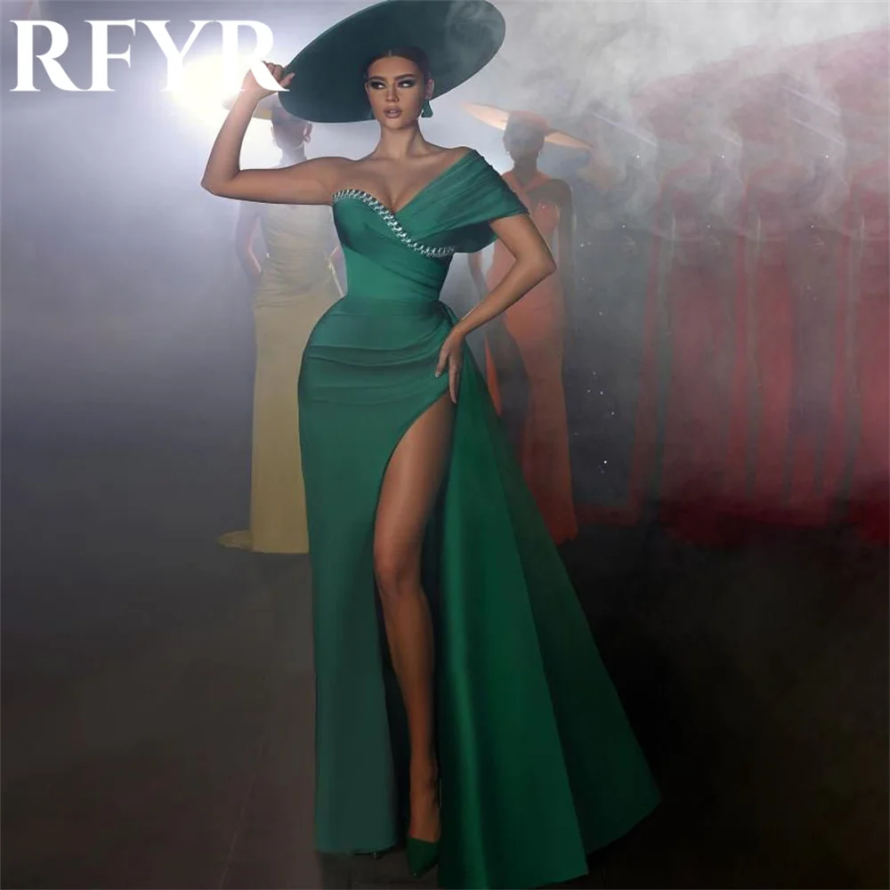 

RFYR Dubai Green Elegant Evening Dress with Pleats Trumpet Arabic Israel Prom Dress One Shoulder Formal Party Gown Customized