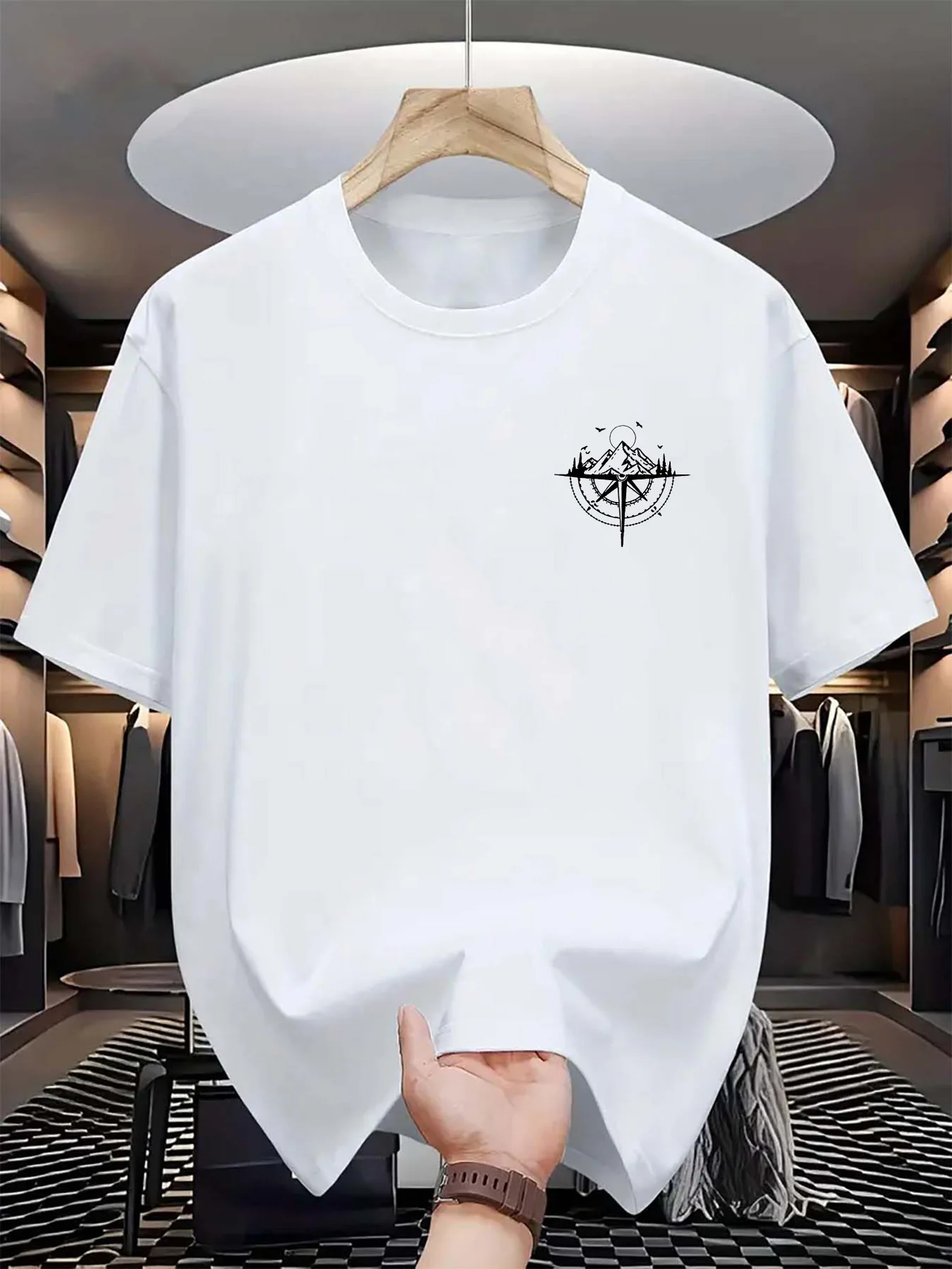Summer Men's 100% Cotton Mountain Compass Graphic Printed Casual Loose Sports Comfortable Round Neck Short Sleeve T-shirt Top