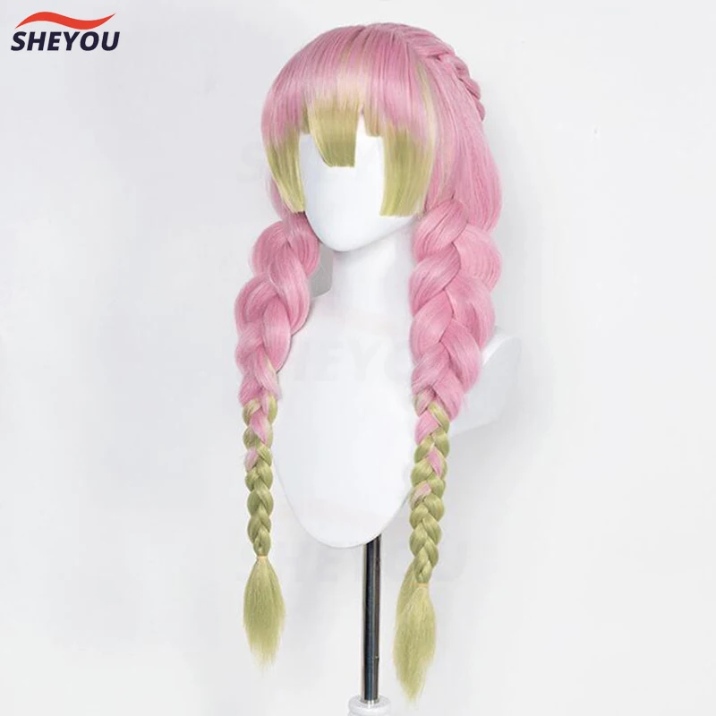 Peluca de Cosplay de Anime Mitsuri Kanroji, pelo largo rosa y verde trenzado resistente al calor, pelucas auténticas de Cosplay + gorro de peluca