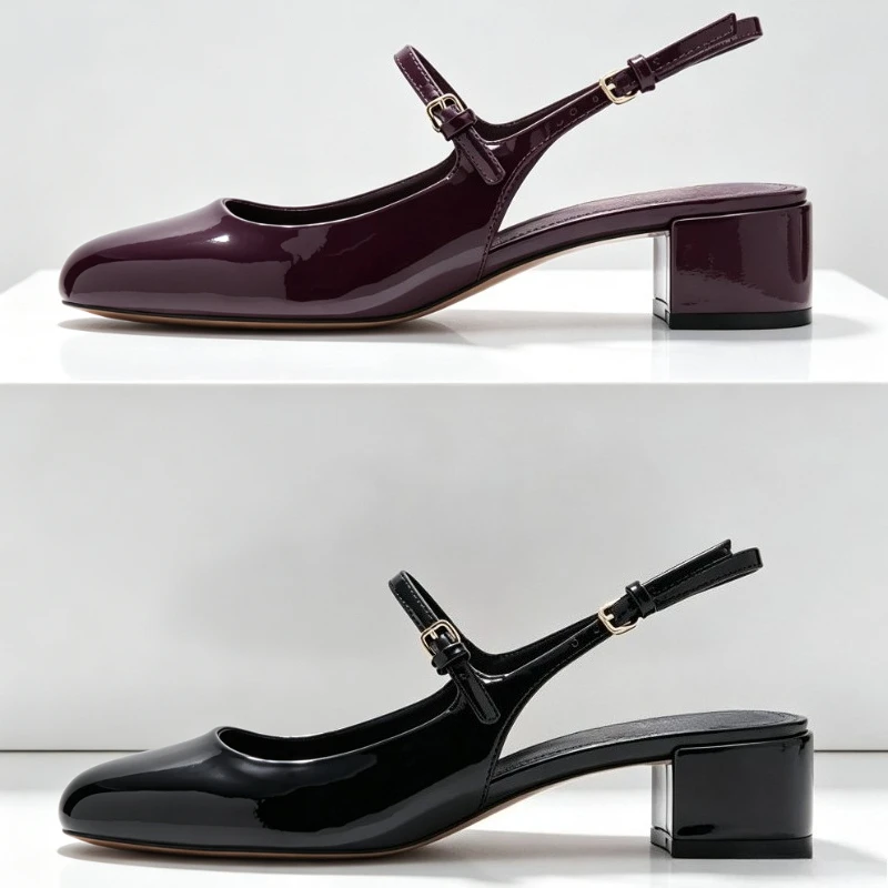 High Quality Patent Leather Chunky Heel Mary Jane Shoes Women Round Toe Buckle Slingback Women's Pumps Ladies Formal Dress Shoes