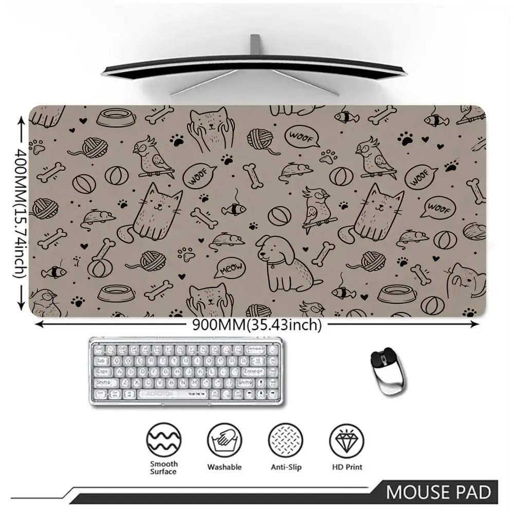 XXL Cute Doodle Cat Dog Pet Large Desk Mouse Pad Extended Gaming Mousepad Non-Slip Rubber Base For Keyboard Desktop Office