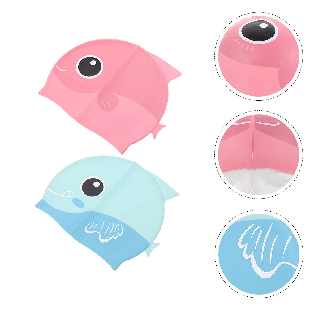 

2Pcs Kids Swimming Caps Silicone Cartoon Swimcap Lightweight Durable Waterproof Toddler Swimming Hat Elastic Comfort Wear