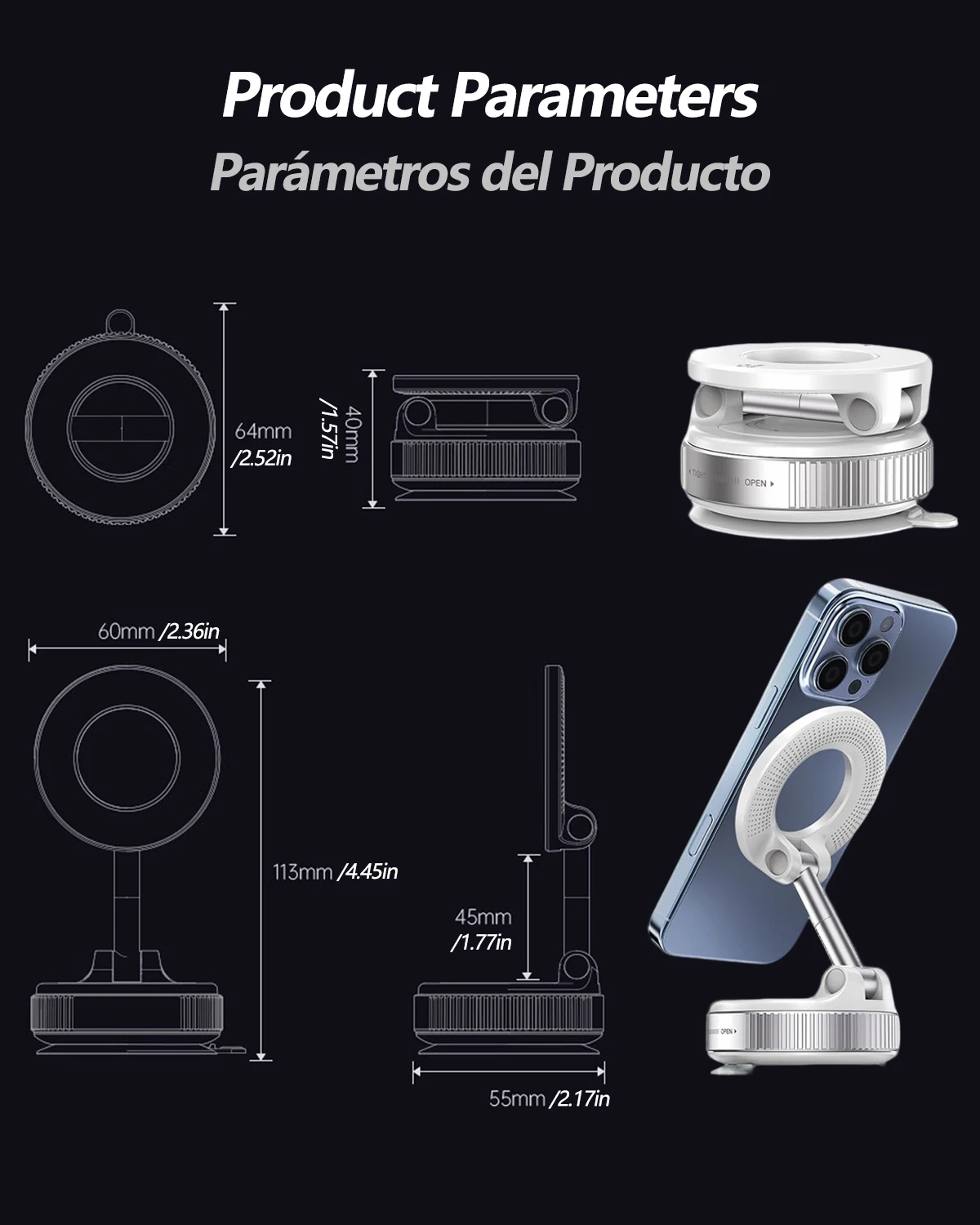 K007/K009 حامل هاتف السيارة المغناطيسي القوي تصميم قابل للطي 360 ° حامل مكنسة كهربائية قابل للتعديل للسيارة/المكتب/الحمام/الاستخدام العالمي #6