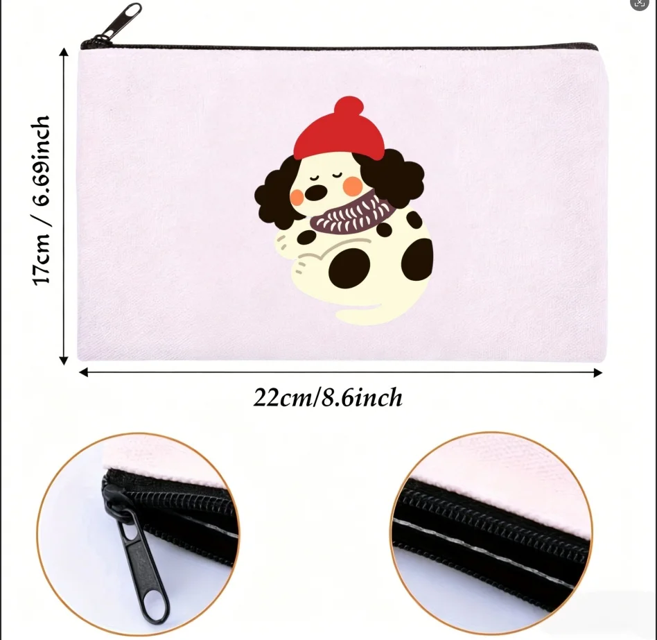 1PC Double-sided Print Canvas Pouch Winter Spotted Dog Cartoon Zipper Makeup Storage Bag