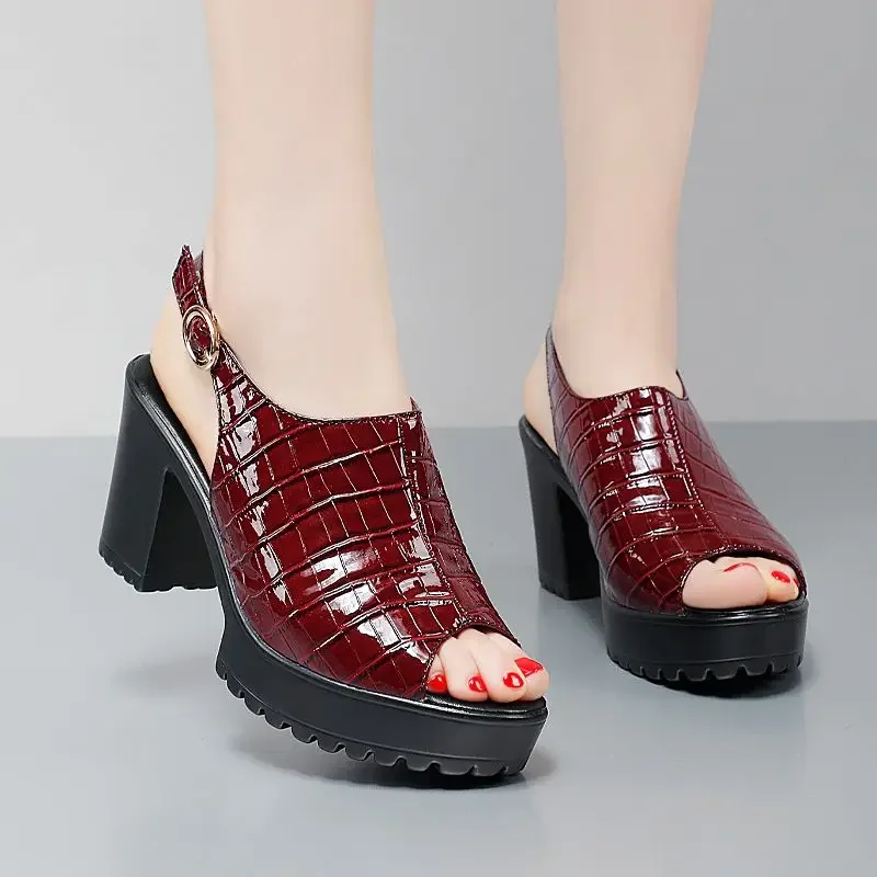 Small Size 32-43 Elegant  Block High Heels Sandals Patent Leather Shoes Summer 2024 Thick Platform Sandals Women Office Model