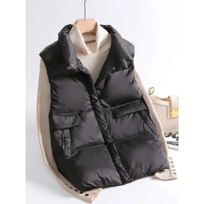 2024 Autumn Winter Ultra Light Thin Duck Down Jacket Women Quilted Short Warm Basic Vest Casual Pocket Waistcoat Female Coat