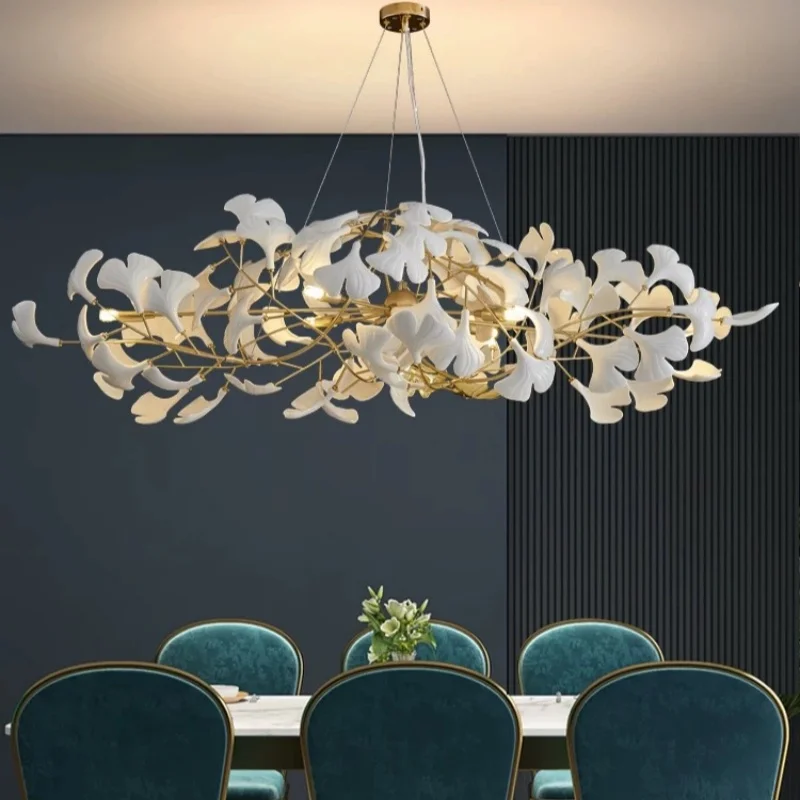 Glass Ginkgo Leaf Chandeliers with Gold Branch Shaped Frame for Dining Room Bedroom Leaf Ceiling Pendant Lights for Living Room