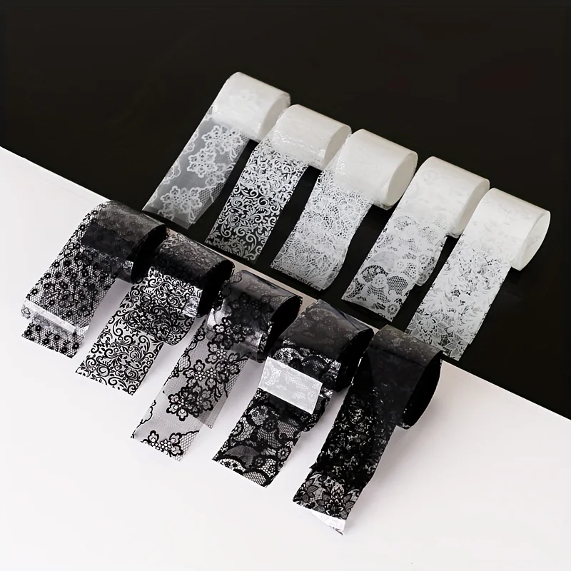 

10 Rolls 0.98 X 23.62 Inches Black and White Lace Transfer Foil Nail Stickers Full-coverage Floral Decals DIY Nail Design Tools