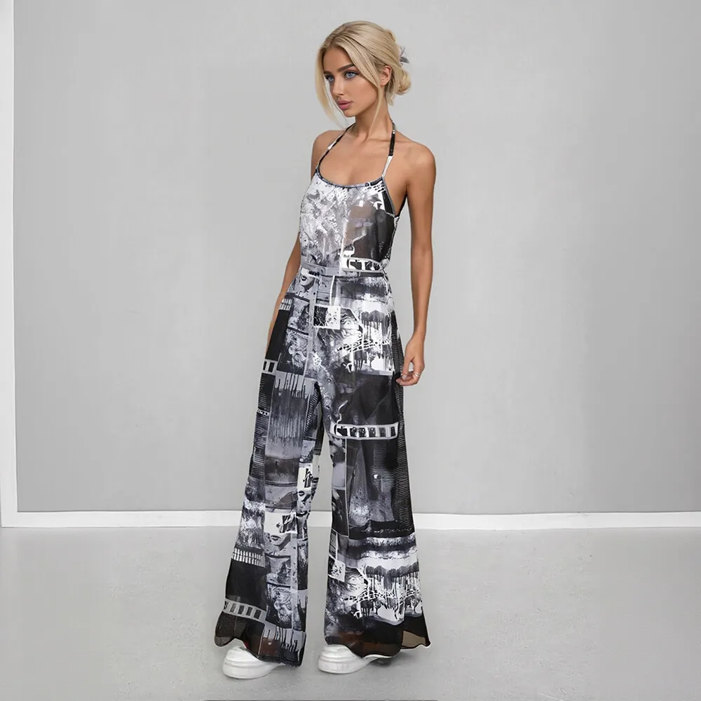 جمبسوت نسائي مناسب لجميع المواسم، طباعة ألوان متباينة نحيفة، بدون أكمام، رقبة رسن، كاحل، جمبسوت أنيق