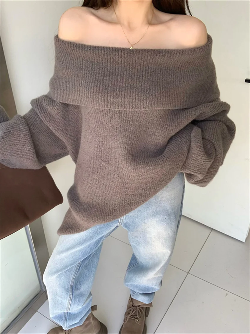 

Alien Kitty Chic Slash Neck Sweaters Women Loose Daily Knitwear 2024 All Match Spring Fashion Slim Pullovers Elegant Lazy Style