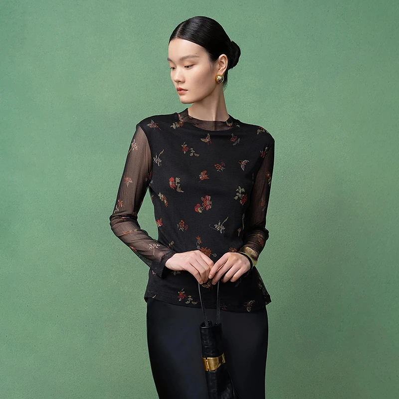 

Women's Silk Long Sleeve Printed Skin Shirt Breathable Early Autumn New Style Silk Loose Fit Fashionable Shirt