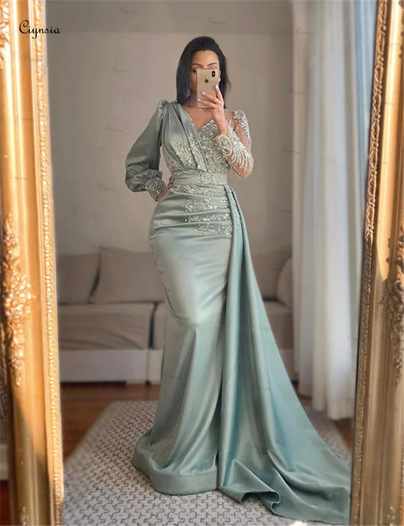 

Ciynsia Customized V-Neck Prom Dresses Mermaid Full Sleeve Evening Gowns Crystal Satin Women Formal Dress Vestidos De Noite