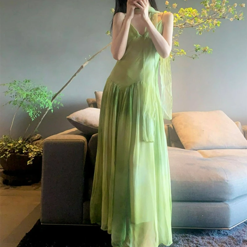 

Seaside Vacation Style Niche Design Sense Tie-dyed Halter Dress for Women 2026 Summer New Fashion Green Elegant Long Dress