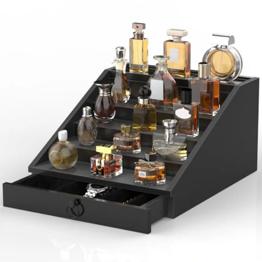 

Wooden Cologne Organizer for Men Enhanced 5 Tier Cologne Stand Shelf Perfume Organizer with Velvet Lined Drawer and Hidden Stor