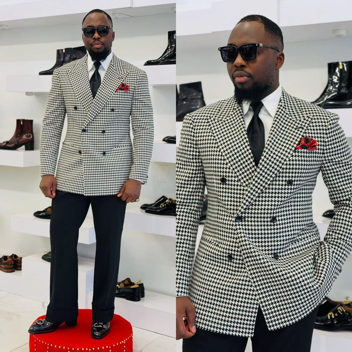 الشتاء Houndstooth و بدل زفاف للعريس بلغت ذروتها التلبيب مزدوجة الصدر البدلات الرسمية 2 قطعة سترة السراويل مساء مخصص #1