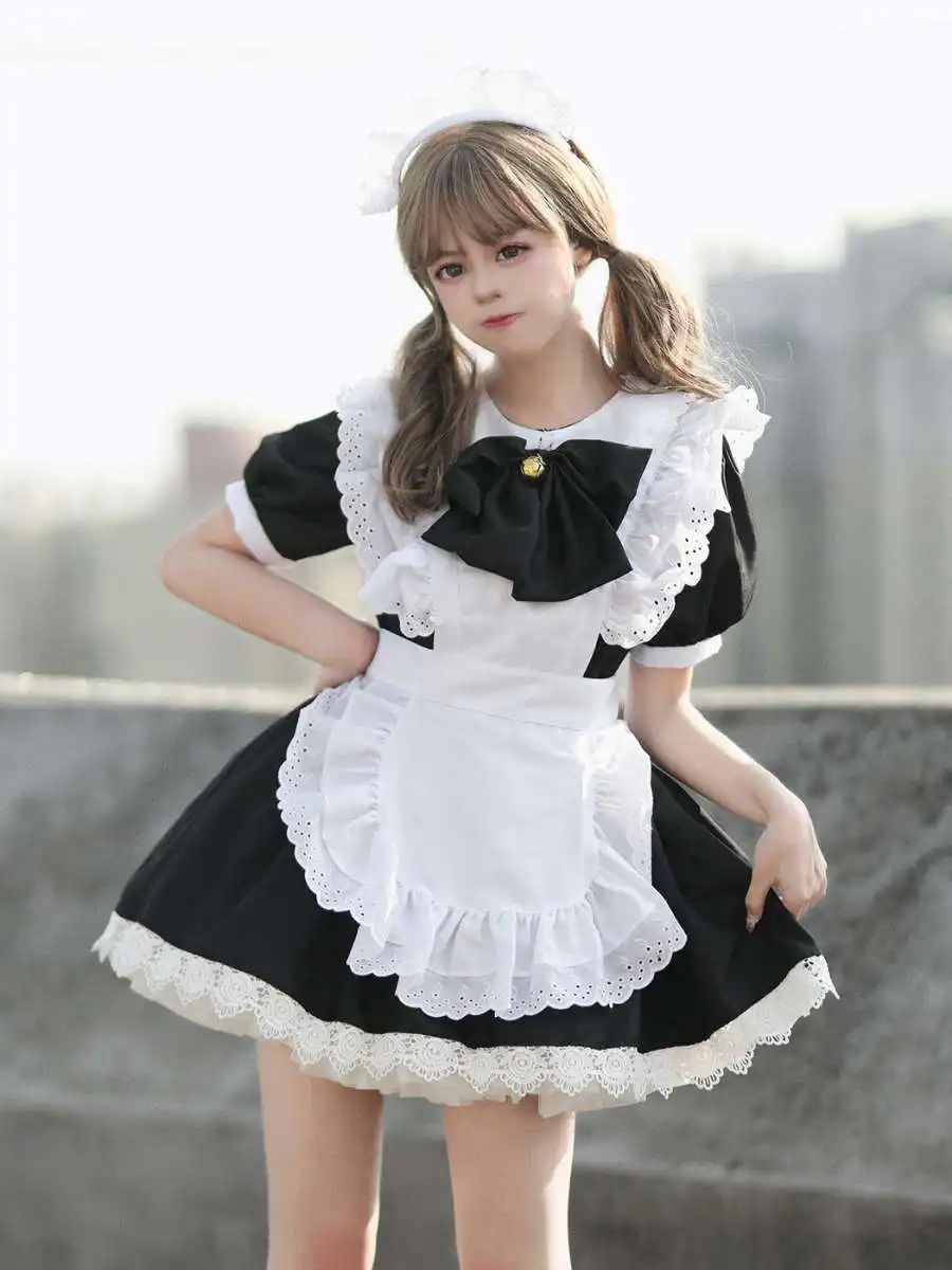

Милый японский черно-белый костюм горничной в стиле Лолита для девочек-студенток, хлопковый, весенне-осенний, женский
