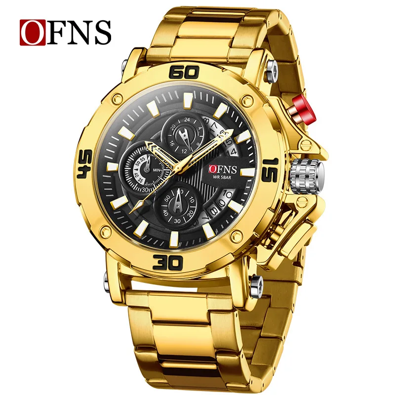 

OFNS quartz watch three-eye six-hand chronograph multi-function steel belt watch men's business sports quartz watch