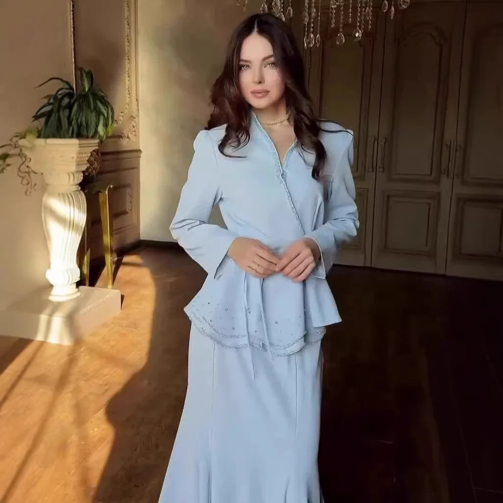 

Eid Blouse Top Shirt Skirt Suit Women Muslim 2 Piece Set Beading Ramadan Dubai Party Bandage Shirt Long Skirt Musulman Ensembles