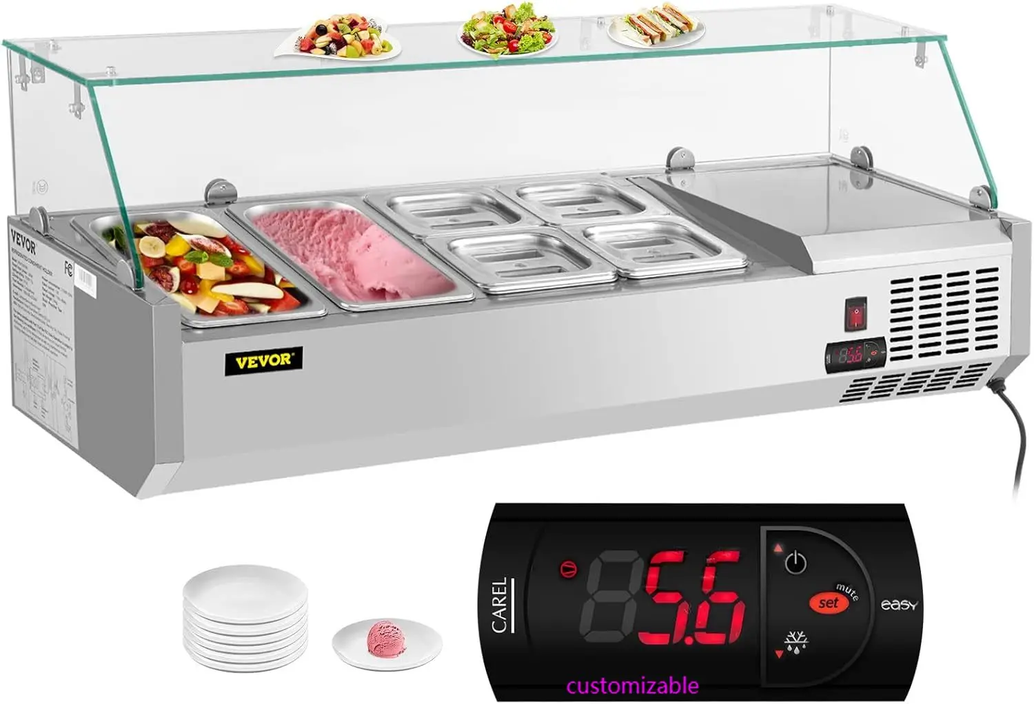 

Refrigerated Condiment Prep Station, 48-Inch, 10.8Qt Sandwich Prep Table with 2 1/3 Pans & 4 1/6 Pans, 146W Salad Bar with 304