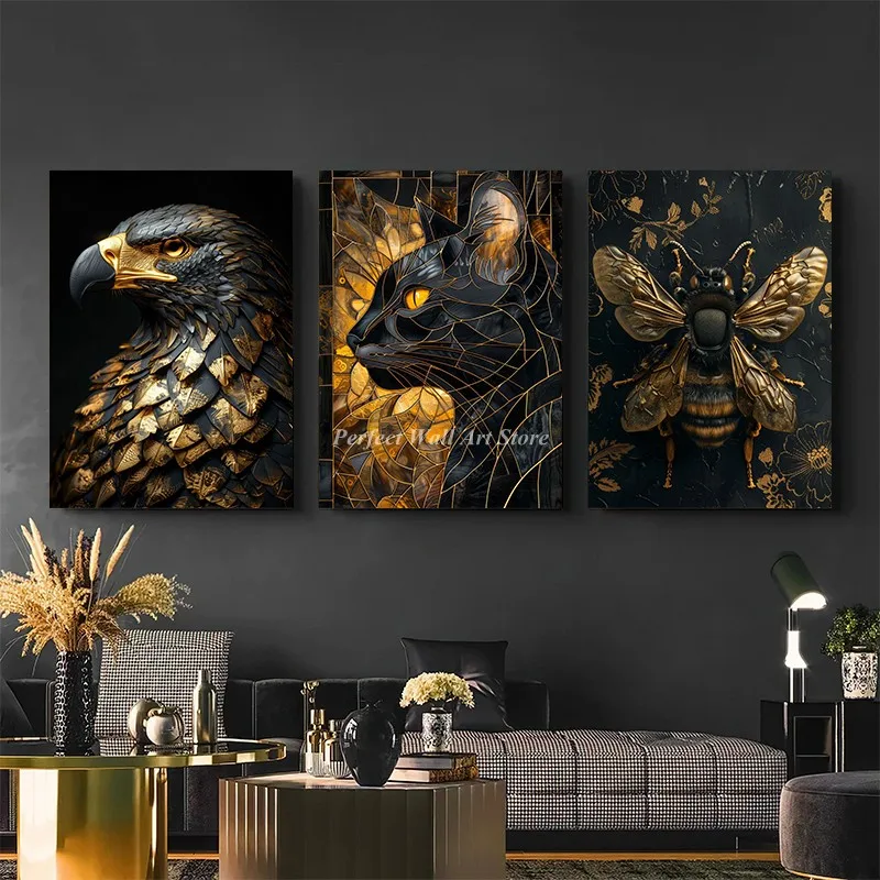 Black And Gold Animals Poster Animal Eagle Cat Flower HD Pciture Canvas Paintings And Print Poster Wall Art For Room Home Decor