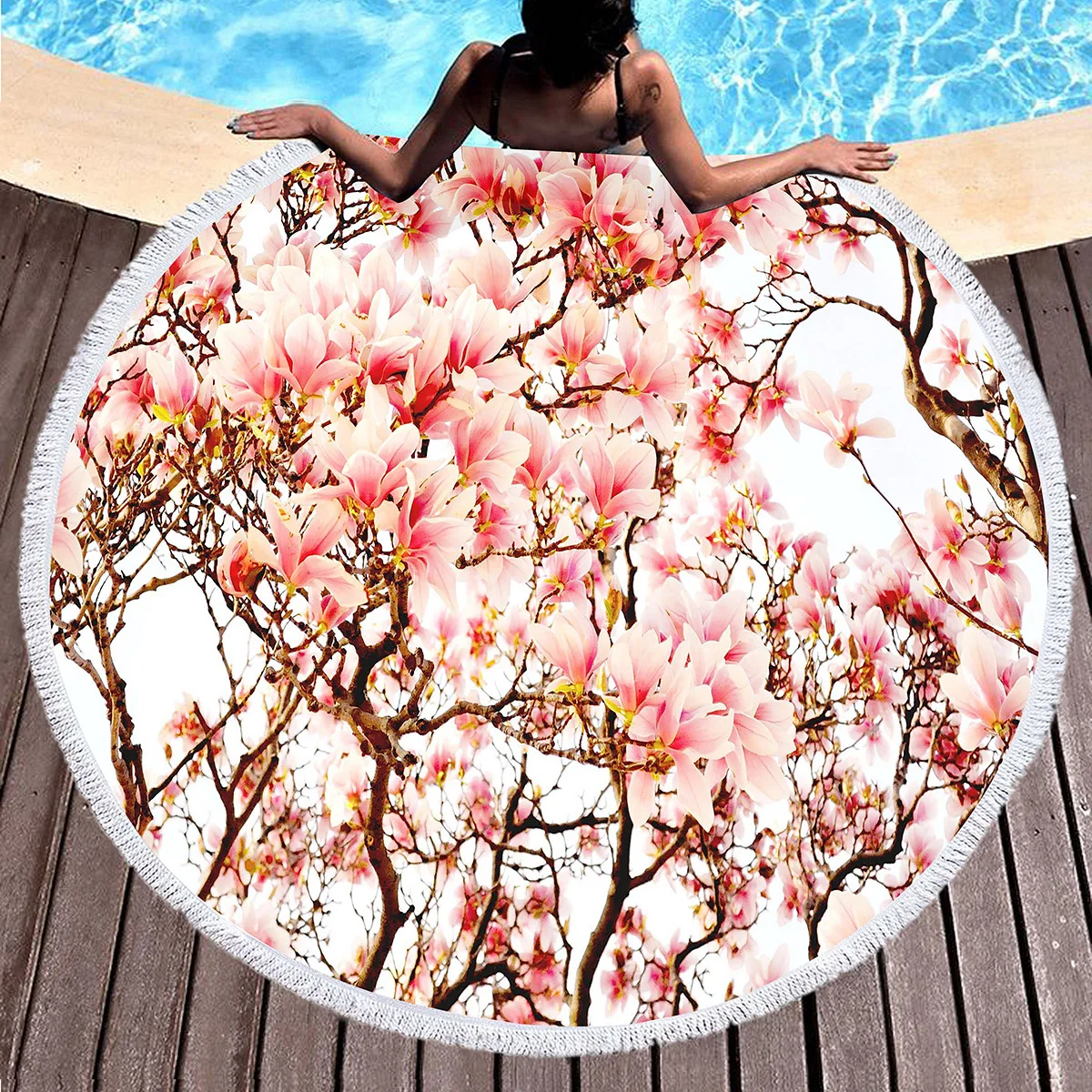 Fragrant Magnolia Flower Round Beach Towel,Soft Polyester Sand Resistant Beach Blanket,Absorbent Quick Dry Pool Towel Picnic Mat