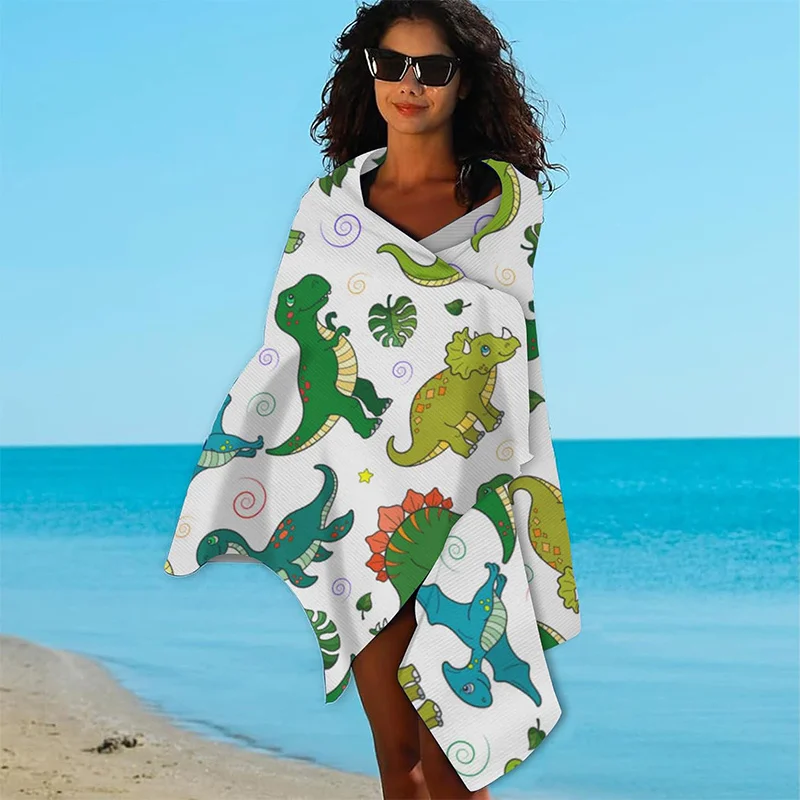 Beach Towel Cute Dinosaur Cartoon Pattern Sun Protection Windproof Suitable for Swimming Pool Camping Travel Blanket
