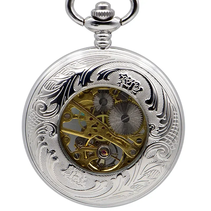 Fashion Skeleton Watches Steampunk Silver Classic Vintage Mechanical Pocket Watch Best Gift Box for Men Women PJX1369