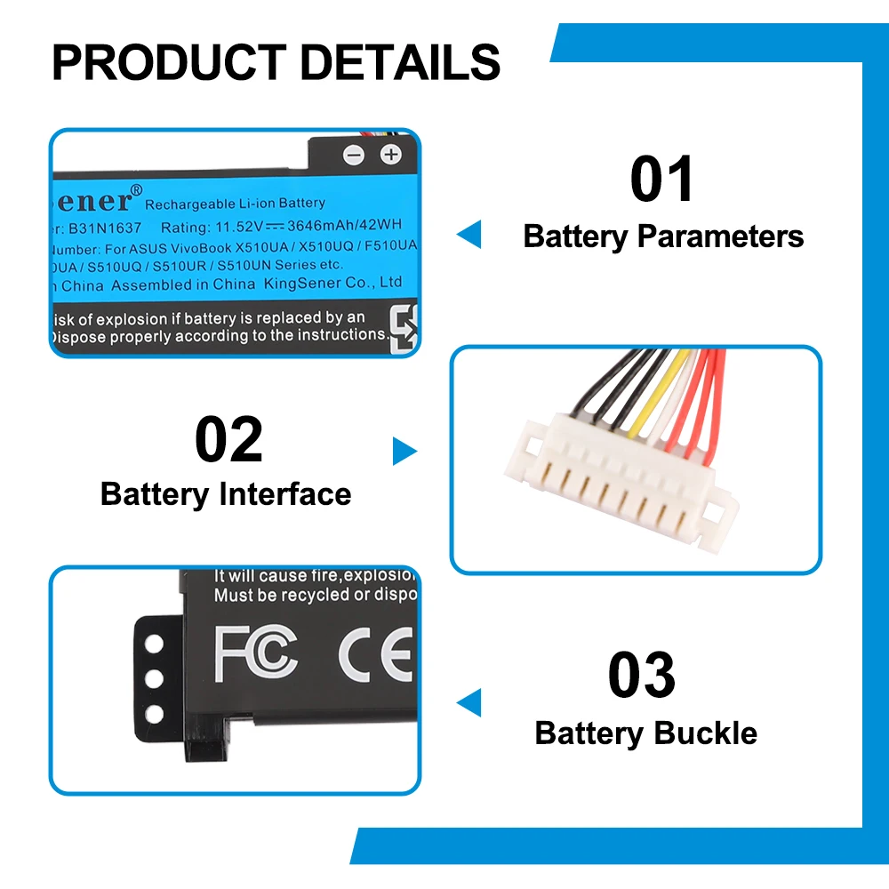 KingSener B31N1637 C31N1637 노트북 배터리 ASUS VivoBook X510 X510U X510UQ X510UA S510U S510UF S510UQ F510U F510UA F510UQ