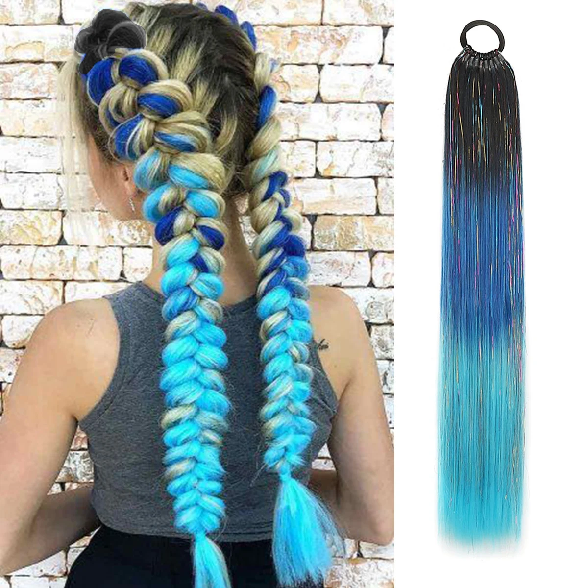 

Ombre Blue Tinsel Ponytail Extension with Elastic Hair Tie Synthetic Braiding Hair For Kids Girls Crazy Hair Day Brave Hair