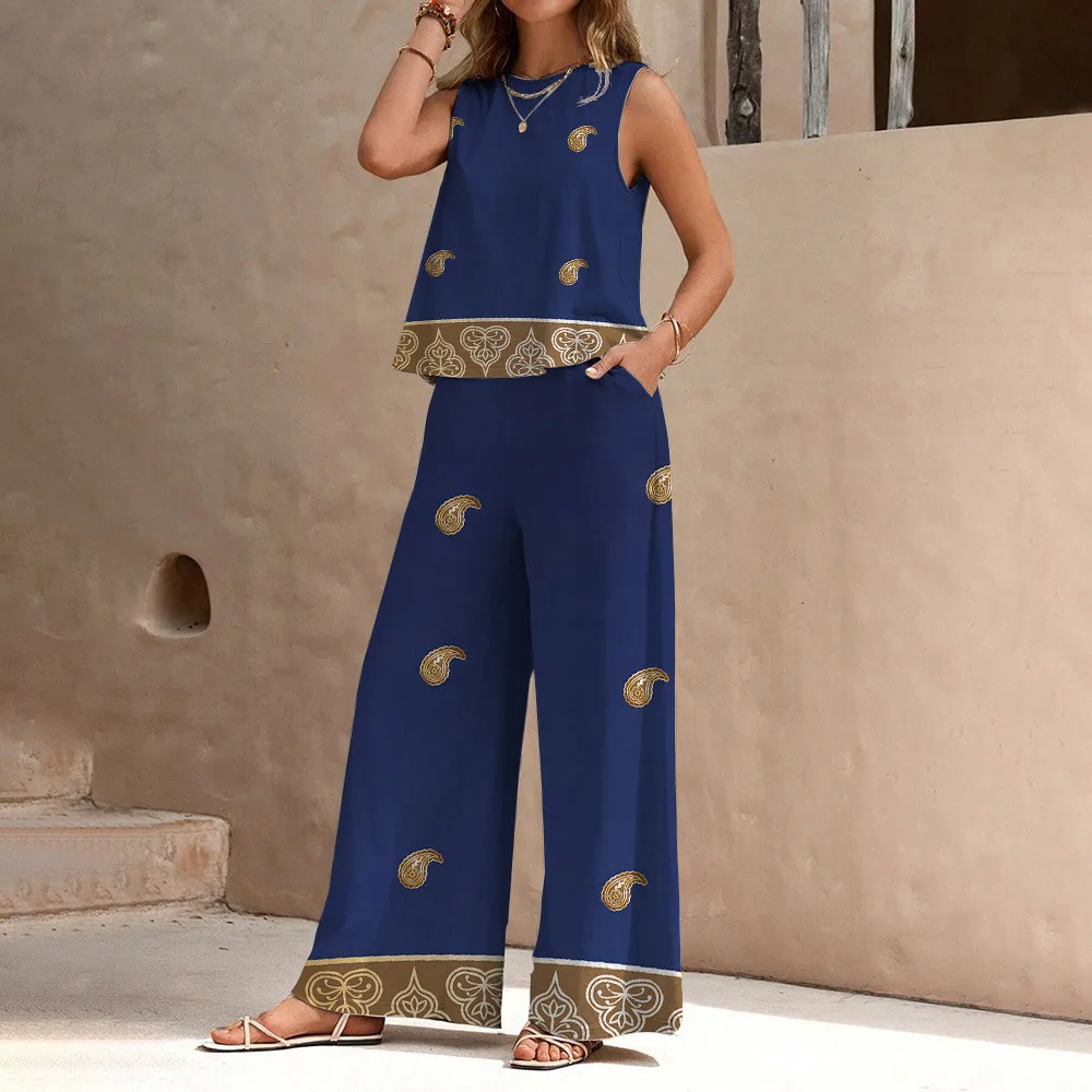 

Women's Chiffon Suit Ethnic Style Printed Sleeveless Vest And Trousers Suit Slim Style Soft Comfortable Light And Breathable