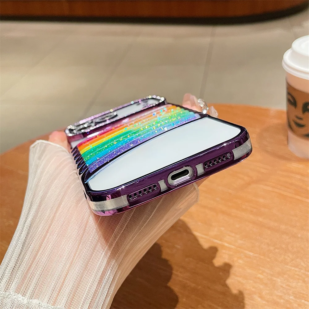 Glitter Strass Regenboog Transparant Telefoonhoesje voor iPhone 17 Pro Max 16 15 14 13 12 11 Camera Lens Protector Plating Cover