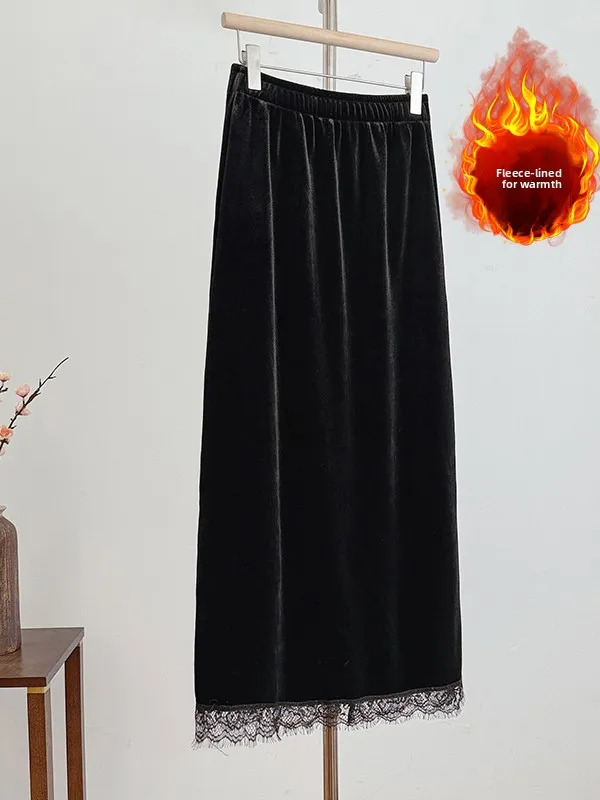 

Retro Lace Patchwork Velvet Thiened A-Line Skirt plus Size Women's Winter Faion Slimming Long f-length Skirts
