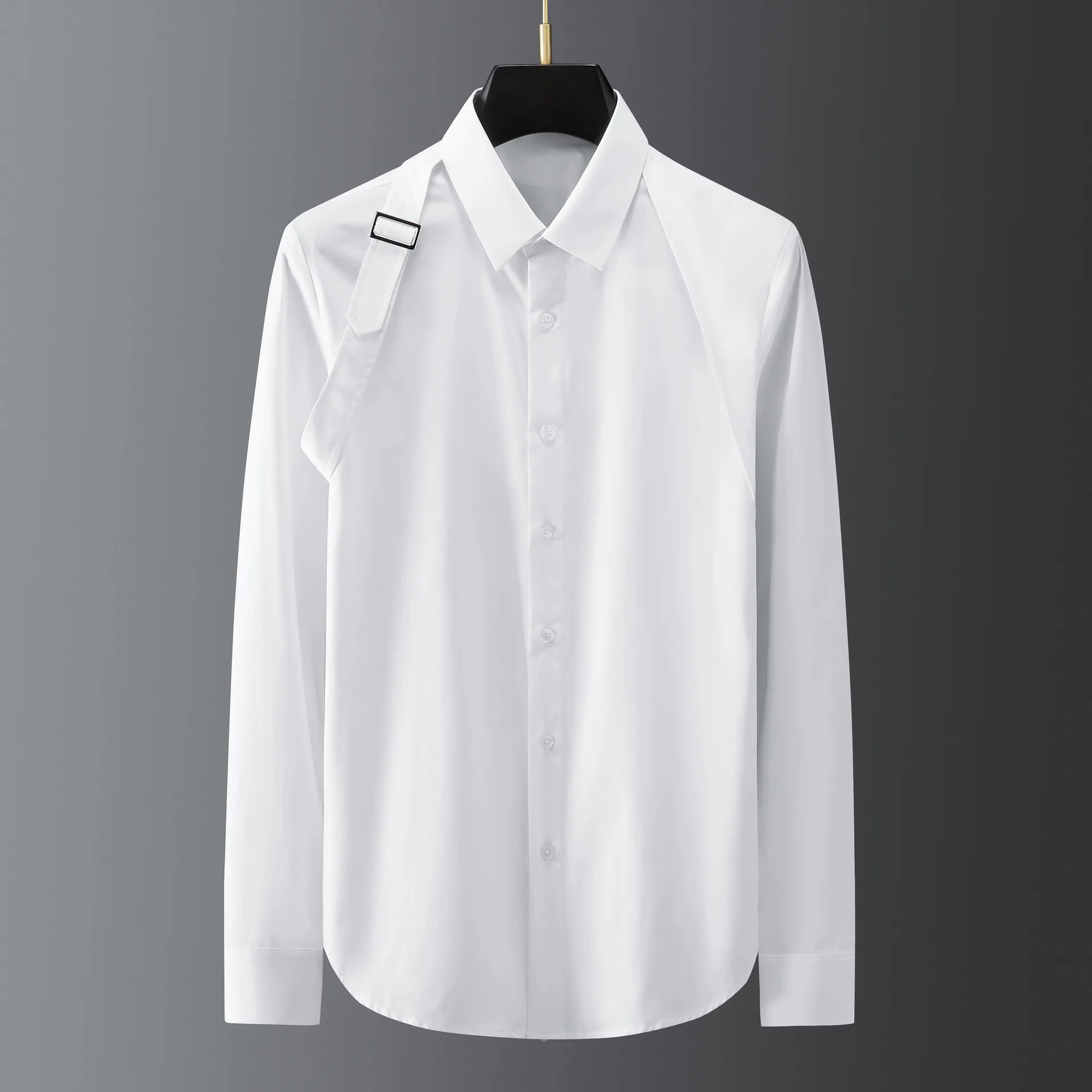 Luxury Men's Shirt Metal Buckle Ribbon Splicing Casual Social Shirts Long Sleeve Slim Fit Business Banquet Party Blouse Tops image 3