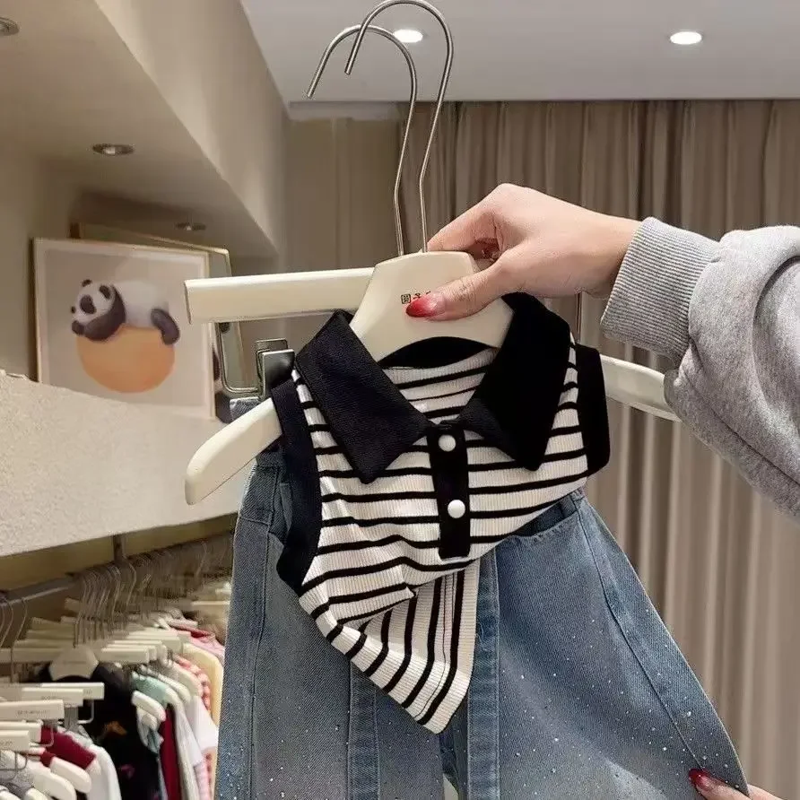 

2026 New Girls Summer Outfit Fashionable Mid-Toddler to Big Girls Polo Collar Sleeveless Top + Denim Jeans 2-Piece Set