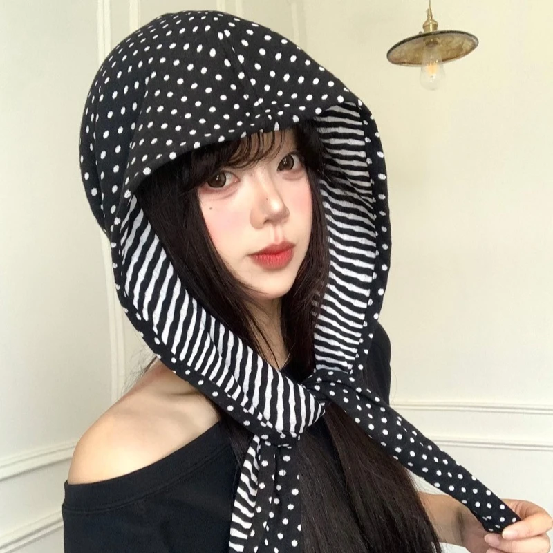 Korean Ins Double-sided Polka Dot Striped Pullover Caps Summer and Autumn Niche Fashion Breathable Balaclava Hats for Women