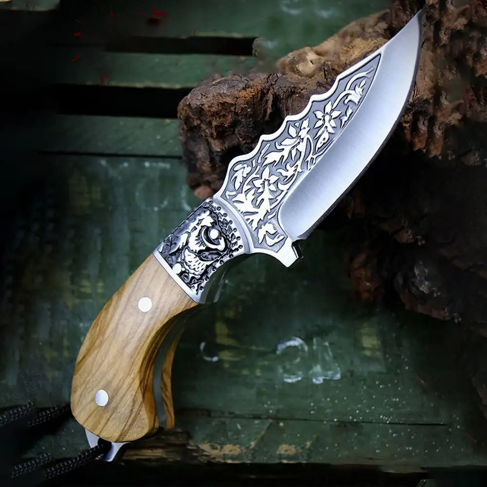 Прямой нож Коллекционный нож из нержавеющей стали Портативный маленький прямой нож для кемпинга Ручка из оливкового дерева с тиснением и резьбой HTML