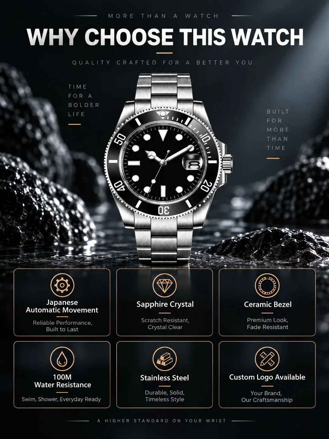 CORGEUT Custom Logo Automatic Watch Men NH35 Miyota Sapphire Crystal Ceramic Bezel 100M Waterproof Luminous Steel Wristwatch