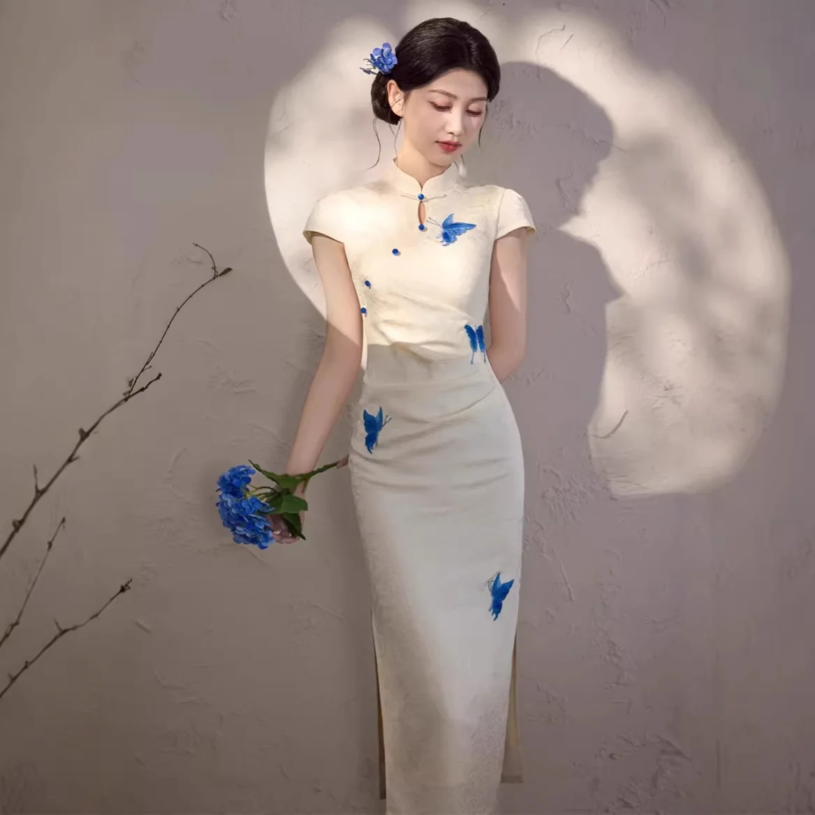 Summer New Chinese Style Cheongsam Blue Butterfly Print Jacquard Long Dress Double Layer Women Chinese Dress Qipao Платье SW-019