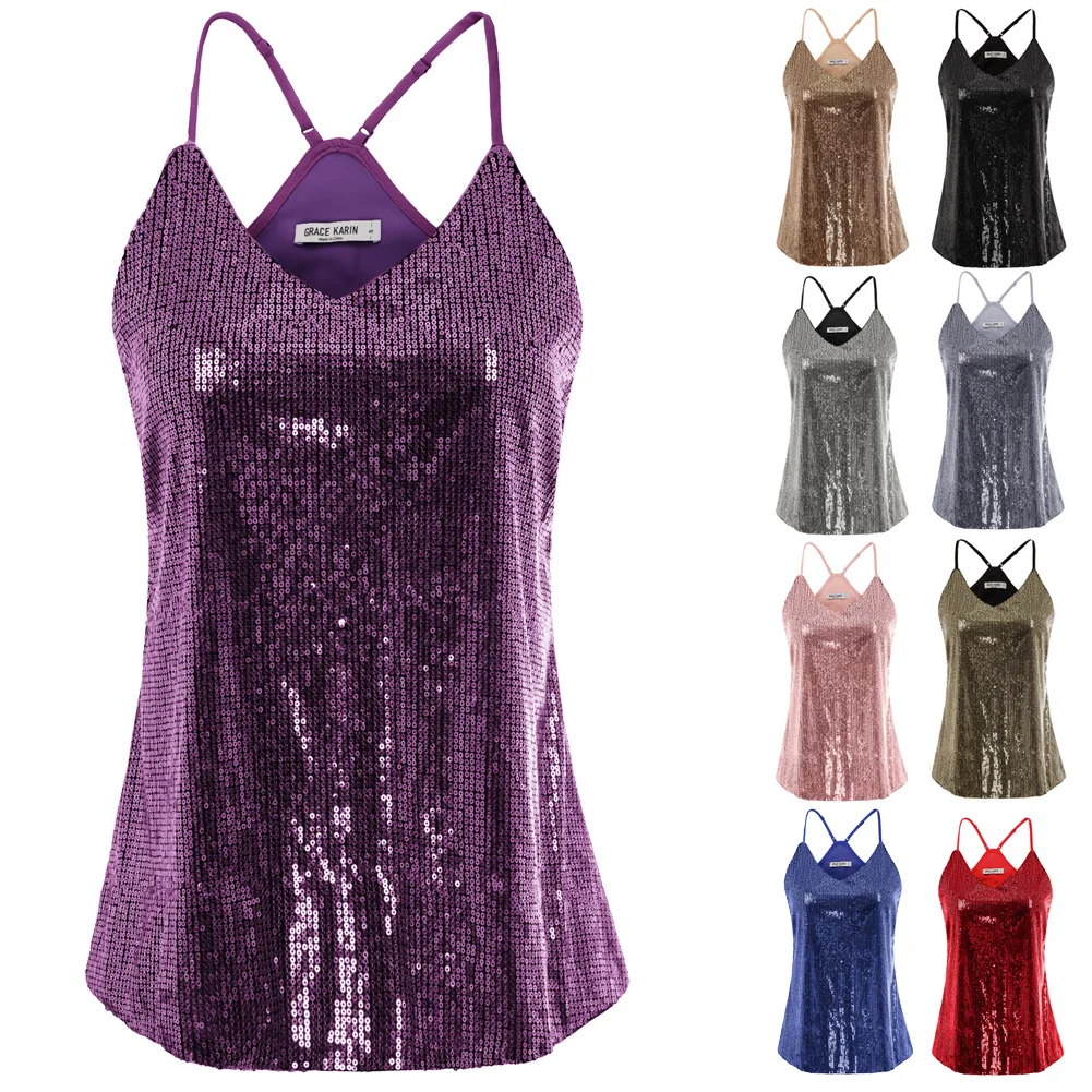 

GK Sexy Summer Sequined Cami Tops Woman Shining Spaghetti Camisole Tank Top Lady Party Clubwear Stage Performace Wear Vest