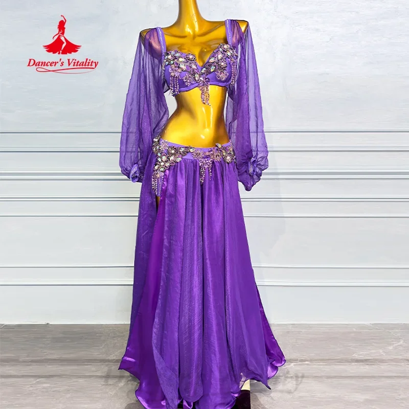 Belly Dancing Performance Suit Customized Senior AB Stones Bra+Sexy Split Long Skirt 2pcs Oriental Dance Competition Clothing