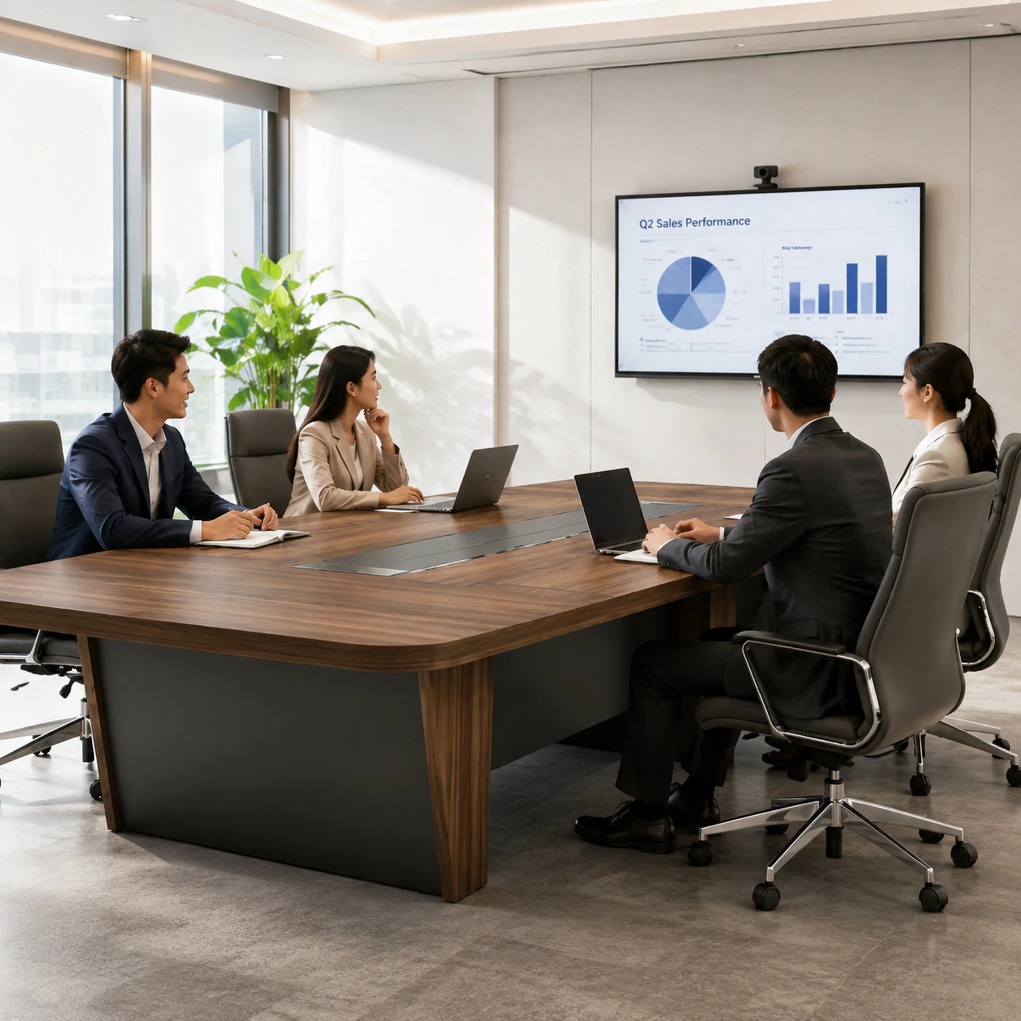 Modern Eco-Friendly Rectangular Cable Management Conference Table Wood Grain Boardroom Furniture Large Villa