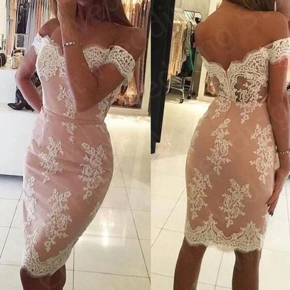 

On Sale Classic Pink Prom Gowns Short Lace Evening Dress Off Shoulder Sleeves Sweetheart Wedding Party Gown Knee Length Back Out