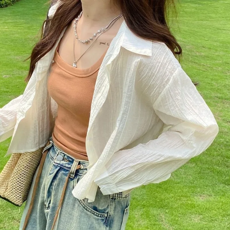 Women Shirts Summer Sun-protection Thin Breathable Baggy Korean College All-match Solid Student Basic Mujer Blusas Harajuku Tops