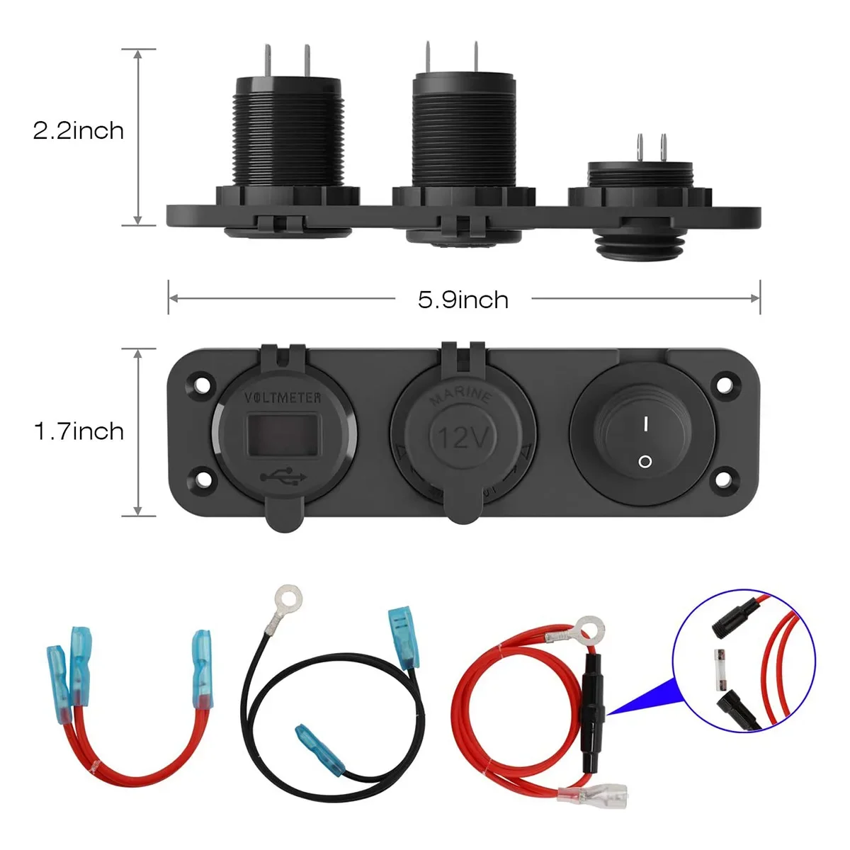 3-Hole car charging power supply, cigarette tpyeer female seat, dual USB charging with voltage display, button switch