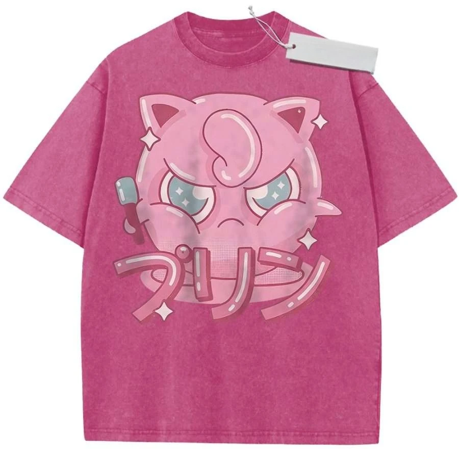 T-Shirt, Sport-T-Shirt, kurzärmeliges T-Shirt, rosarot, Unisex, reine Baumwolle, gewaschen, Vintage-Pokemon-Jigglypuff-Anime-Druck
